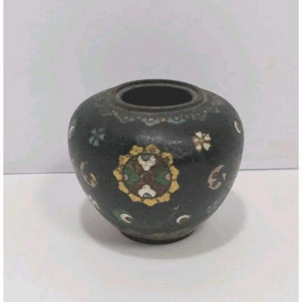 Vintage Cloisonne Mini Vase Black Floral Enamel 2.5